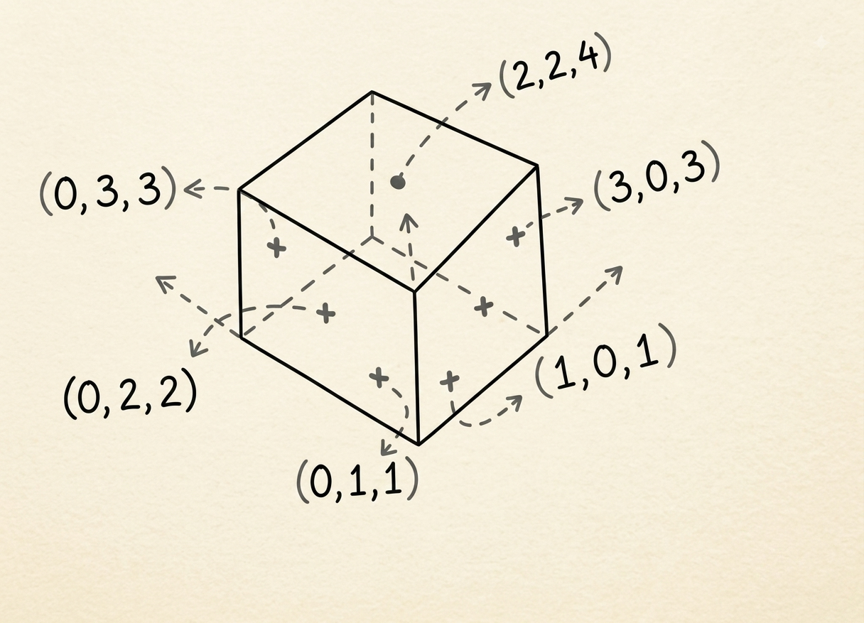 A cube coordinate diagram showing the three axis-aligned faces