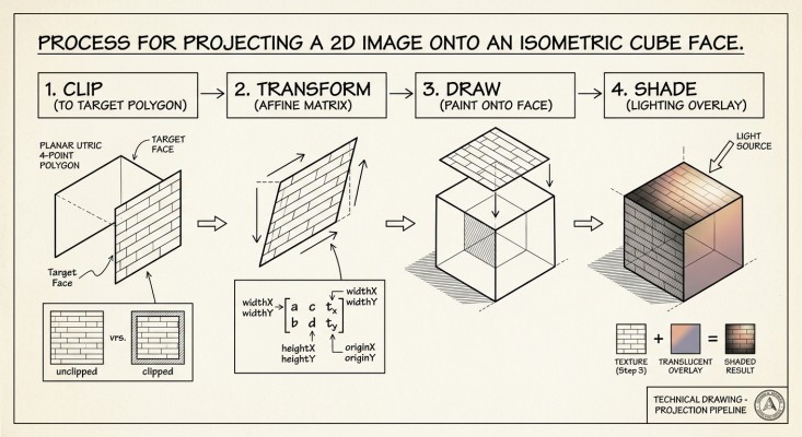 A rendered isometric shape showing the projected texture under the scene lighting